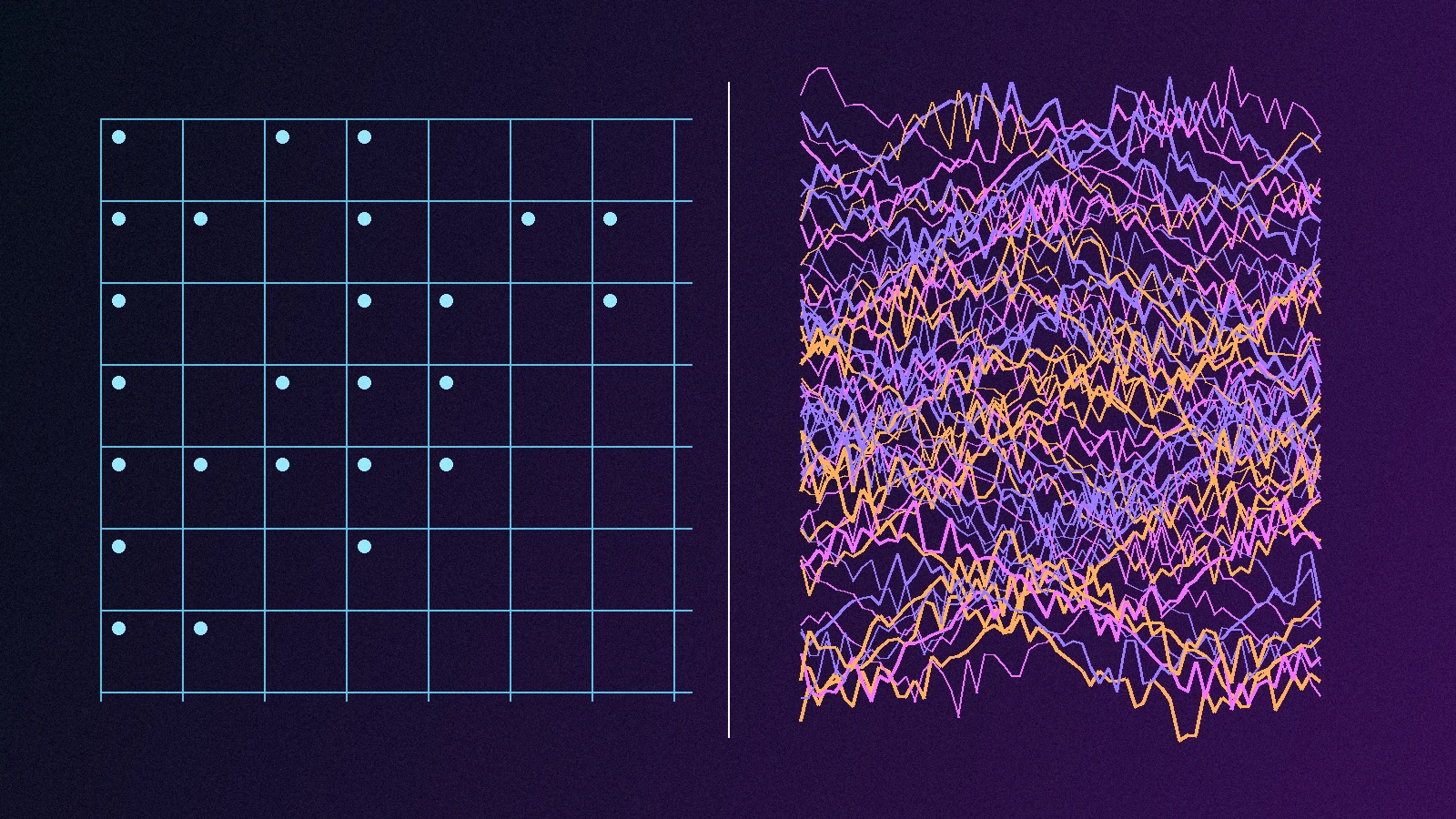 Split visual contrasting a grid with organic curves